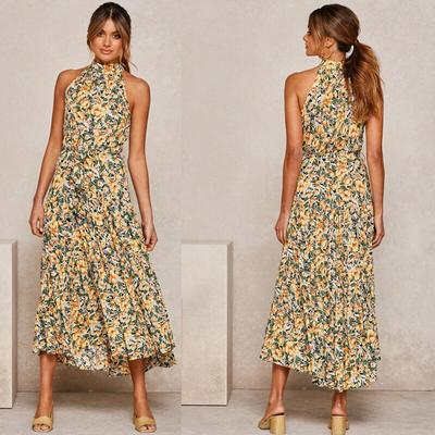 Sexy Neck-mounted Dot Beach Dress For Holiday Summer Casual Sleeveless Floral Printed Long Dress Women Fashion Robe Femme 25765