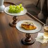 Retro Wooden Fruit Plate High-Footed Tray Household Ceramic Pastry Fruit Plate Housewarming New Home Ornament Export