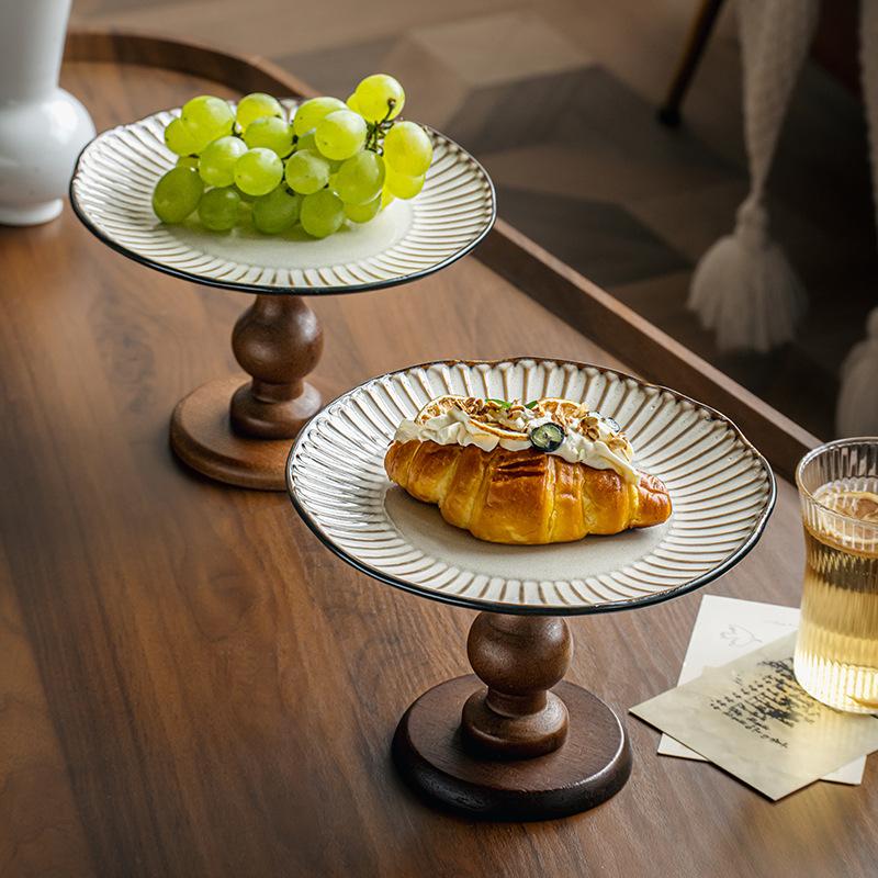 Retro Wooden Fruit Plate High-Footed Tray Household Ceramic Pastry Fruit Plate Housewarming New Home Ornament Export