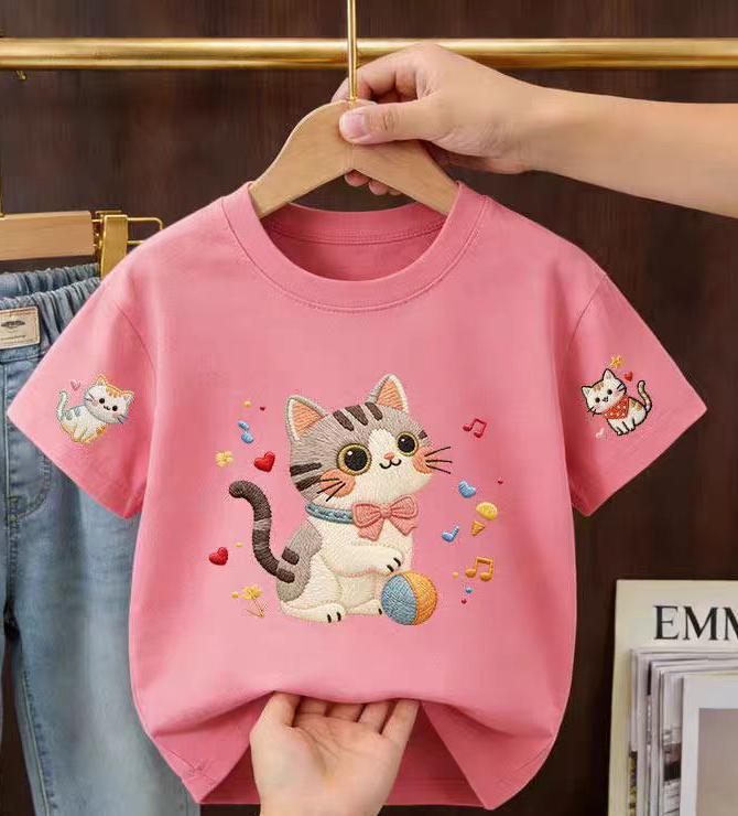 2026 Summer Children's Short-Sleeved Cute Cartoon Cat Print Baby Soft Cotton Multi-Purpose Loose-Fitting Breathable T-Shirt