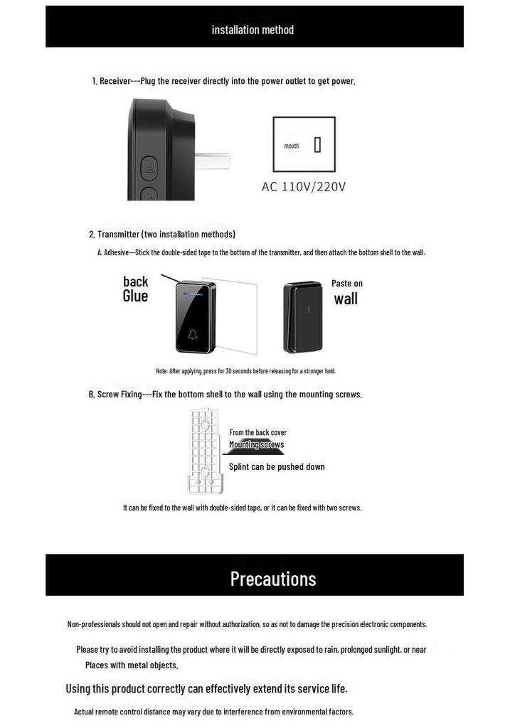 Smart Wireless Battery-Free Waterproof Doorbell for Long-Distance Use