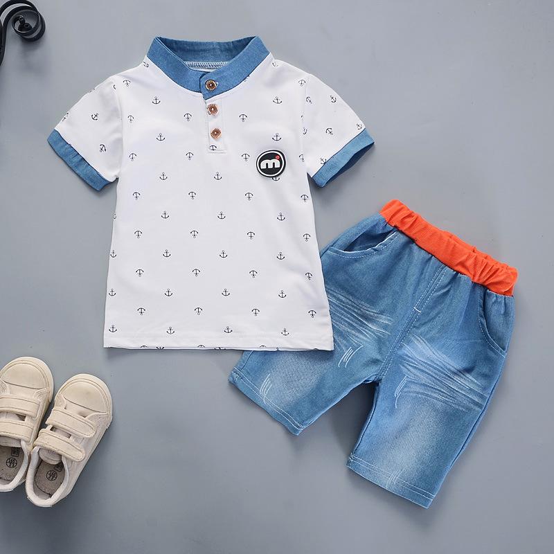 

Boys Clothing Summer Short-sleeved Anchor Print Shorts Suit Kids Baby Boys Casual Two-piece Set 120 білий