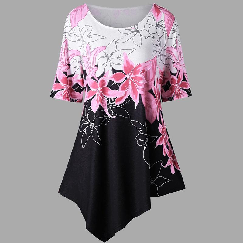 

Women Fashion Ladies Asymmetric Hem Floral Print Tshirt Tunic S5xl Tops Pink,3XL