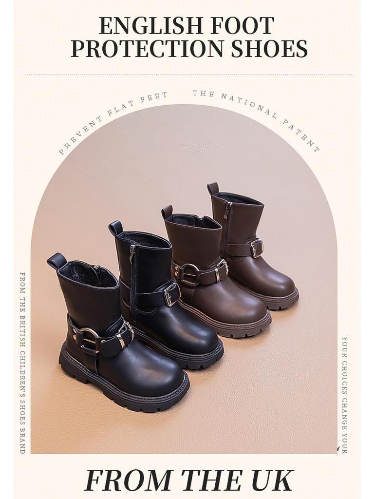 2026 Girls' Two-Layer Leather Winter Boots: Fashionable, Versatile, Warm Short Boots for Middle and Big Kids