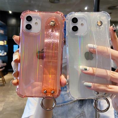Custodia laser antiurto con cinturino da polso trasparente per Iphone 14 13 12 Pro Max Xr Xs Max 13 14pro Max Supporto per telefono trasparente Cover posteriore
