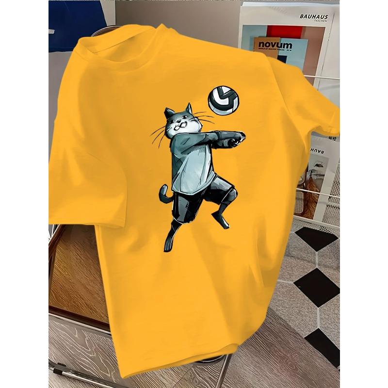 

European sizes Cat Volleyball Print Casual Fashion Short Sleeve T-Shirt - New Summer Clothing Children 128cm жовтий