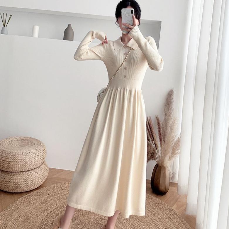 Mid-length Sweater Dress A Versatile Solid Color A-line Knitted Dress for Women Casual and Warm Pullover