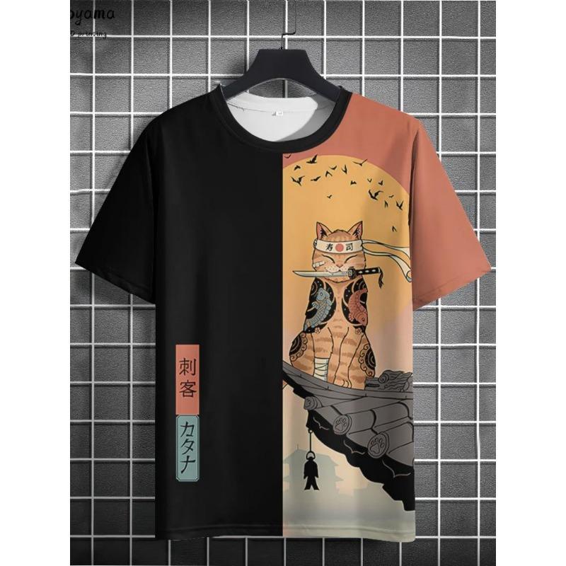 Japanese Samurai Cat 3D Printed T-Shirts for Men Short Sleeve Tee Casual Loose Harajuku Men's Clothing Oversized T-Shirt Tops