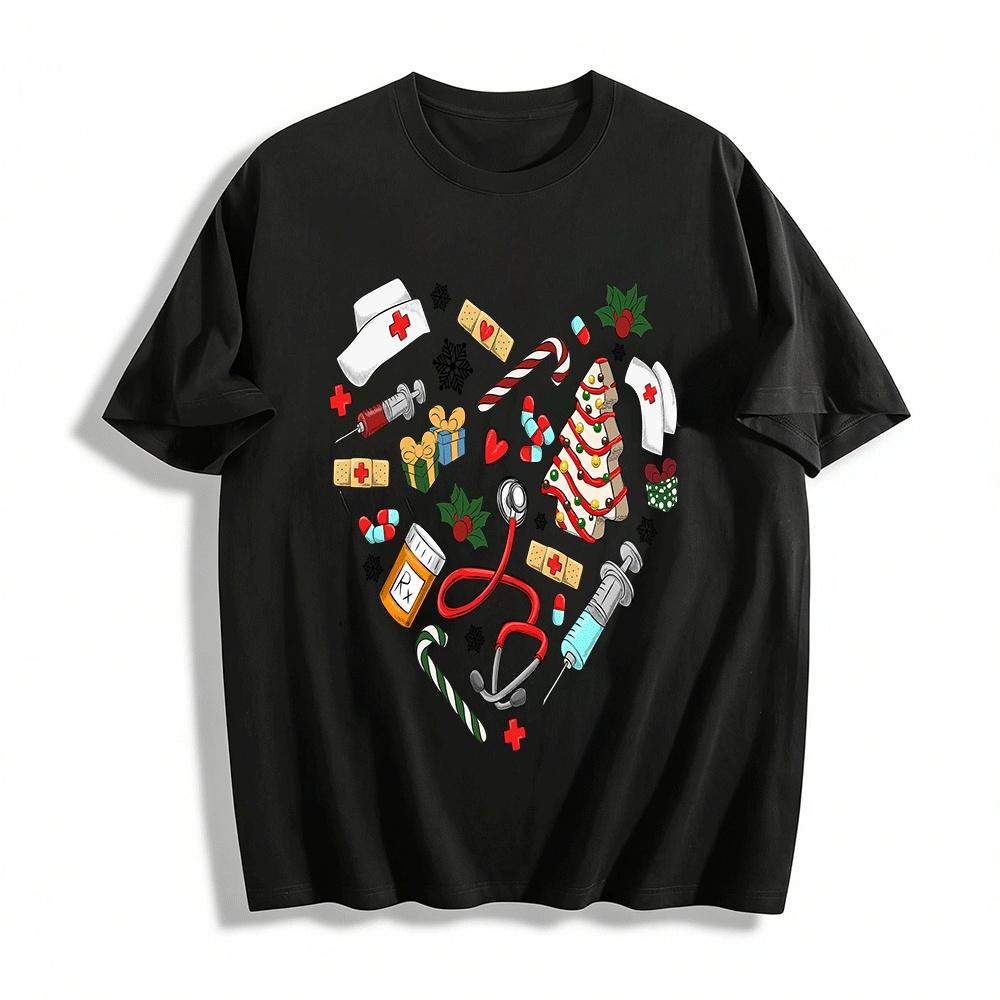 Christmas Medical Worker Themed Graphic Top Pure cotton T-shirt XXS