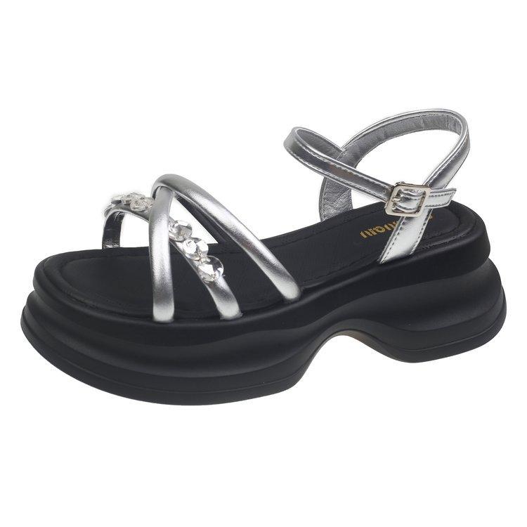 Fairy Feng Rhinestone Cross Strap Square Head Woven Open-toed Sandals Female 2025 Summer Thick-soled Heightening Beach Shoes Women's