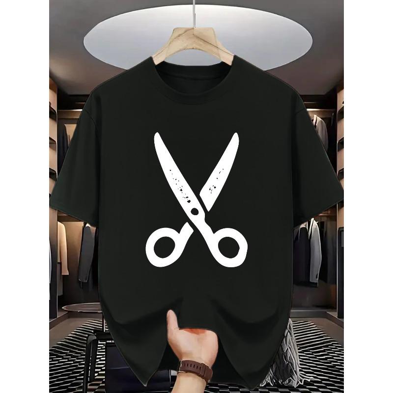 

European sizes Men s T-Shirt Featuring a Stylish Scissor Pattern Print, Easy And Versatile, Perfect for Hairdressers 4XL чорний