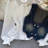 Chic Hong Kong Sle Retro Denim Vest Vest Fashionable Stacked All-Match Short Puff sleeve Shirts Two-piece Set Top
