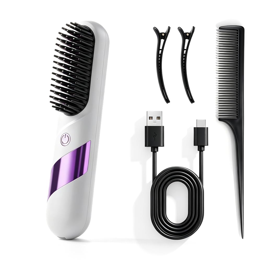 2026 Upgrade for Short Hair, Wireless Straightening Brush, Mini Hair Straightener with MCH Heating and Ionic & Ceramic Care, Perfect for Women (White)
