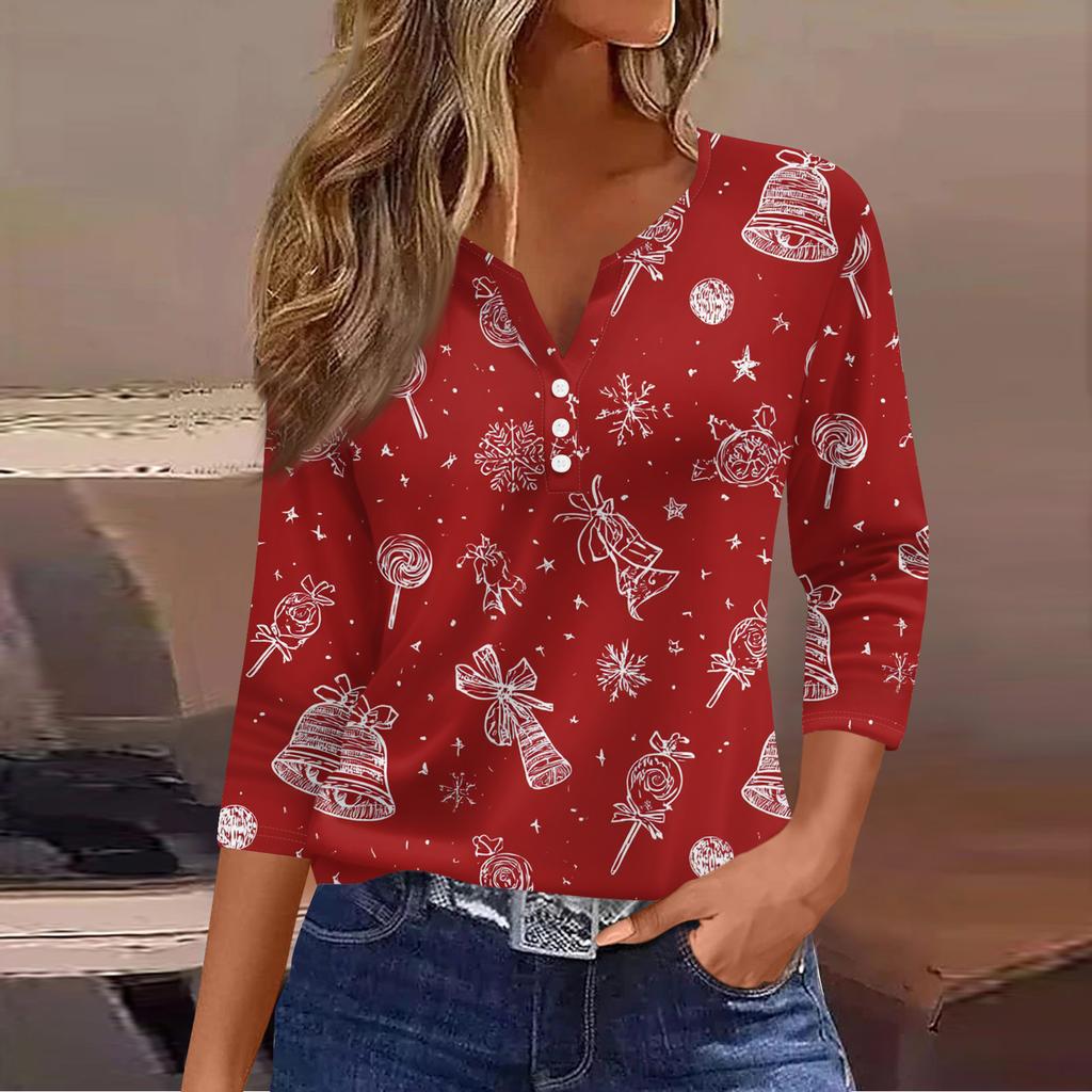 Women's Casual Fashion V-neck Loose Versatile Christmas Print Three-quarter Sleeve Top