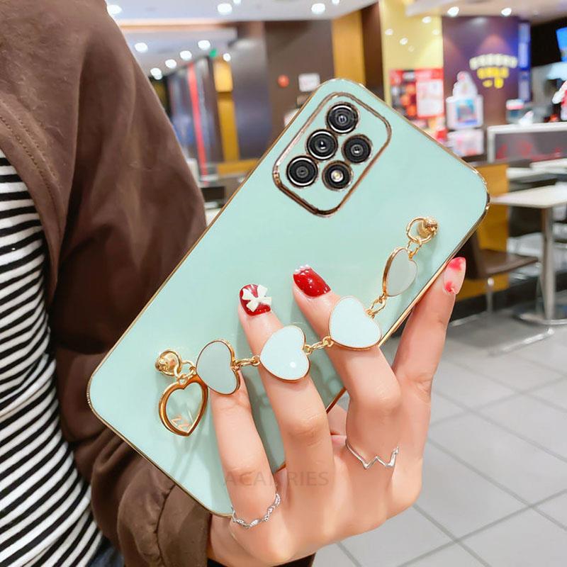 Fashion Plating Love Heart Náramek Řetízkové pouzdro pro Samsung Galaxy A53 A33 A73 A23 A13 A32 A52 A52S 4g 5g Band Cover On A 53 52 S