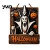 Farmhouse Door Hanger Vintage Wooden Halloween Welcome Hanger, Pumpkin Ghost Skull Witch Wall Indoor Hanging Sign, Decor for Front Porch Decoration