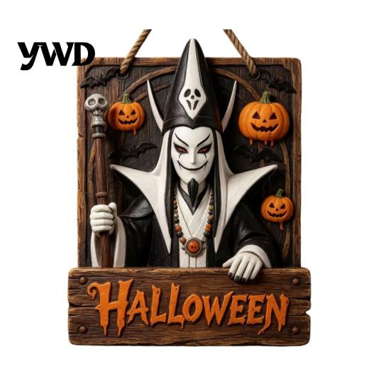 Farmhouse Door Hanger Vintage Wooden Halloween Welcome Hanger, Pumpkin Ghost Skull Witch Wall Indoor Hanging Sign, Decor for Front Porch Decoration