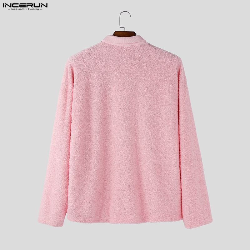INCERUN Oversized Men Lapel Neck Long Sleeve Buttons Casual Loose Texture Pullovers Tops