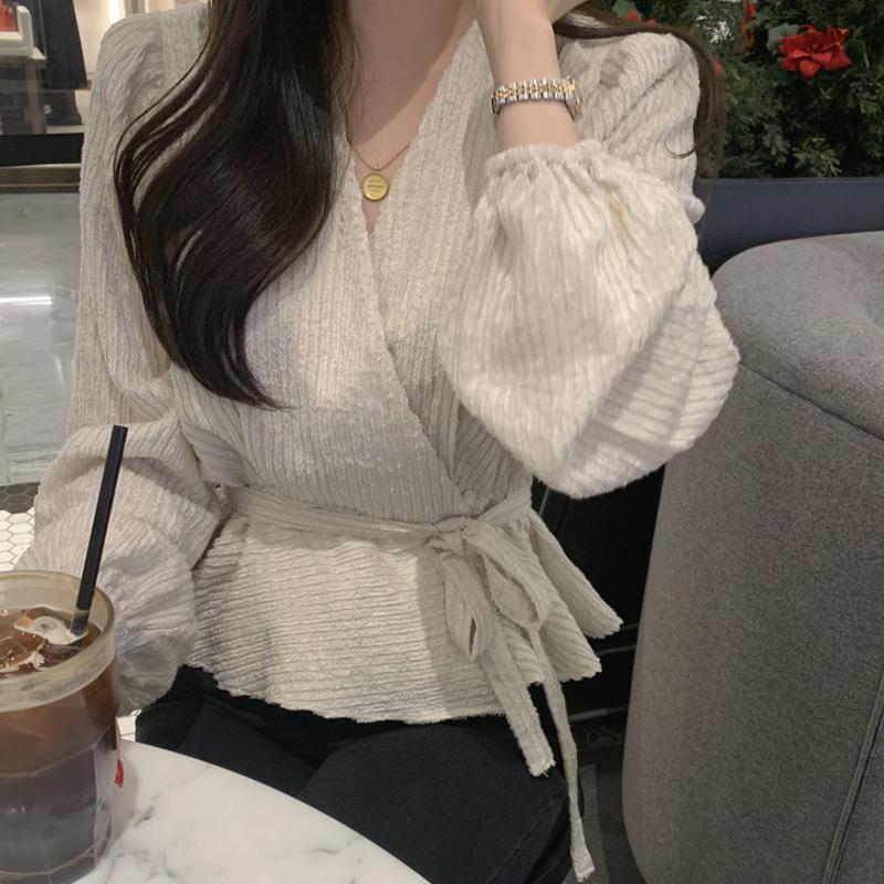 Chic Autumn/Winter Women's Waist-Gathering French Long Sleeve Shirt
