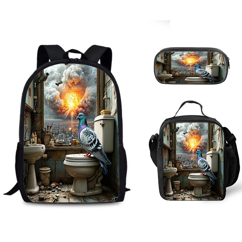 Luxus Beliebt Lustig Neuheit Taube auf Toilette 3D Druck 3Stück/Set Schüler Schultaschen Laptop Tagesrucksack Rucksack Lunchtasche Federmäppchen