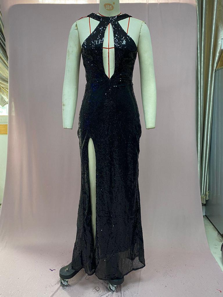 2025 Cross-Border Beaded Irregular Halter Neck Evening Dress for Women