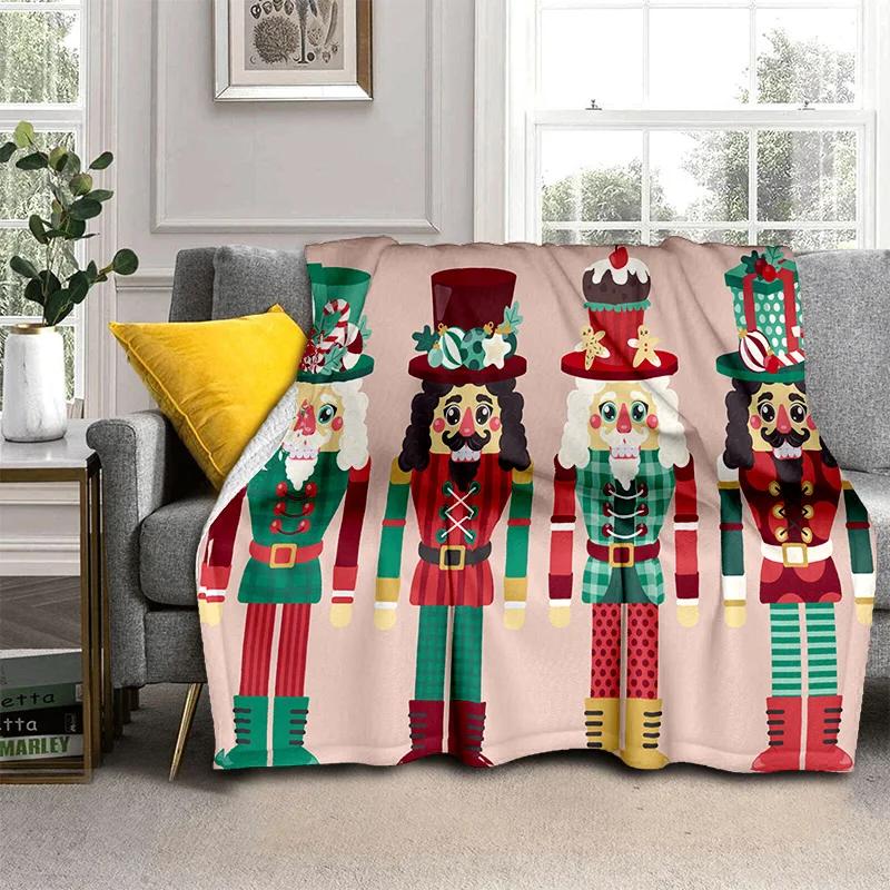 Kreslená deka s vánočním stromkem a Louskáčkem, Měkká přehozová deka pro domov, ložnici, postel, pohovku, na piknik, cestování, do kanceláře, krycí deka pro děti