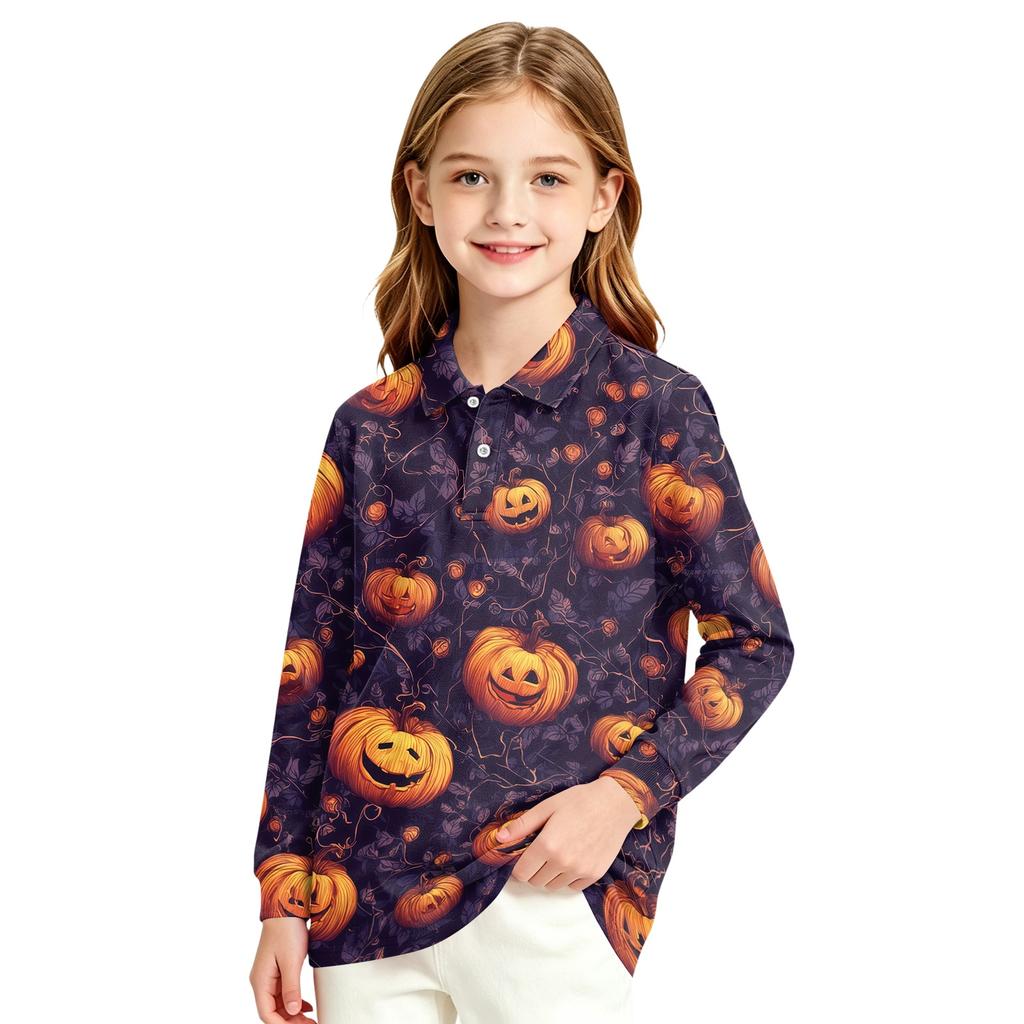 Girls School Uniform Top with Halloween Print Long Sleeve Casual Blouse for Daily Wear