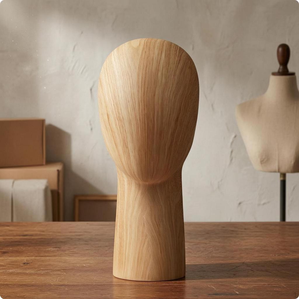 Mannequin Head Wooden BaseGrain Finish Hairpiece Display Tabletop Hat Stand Wood Grain