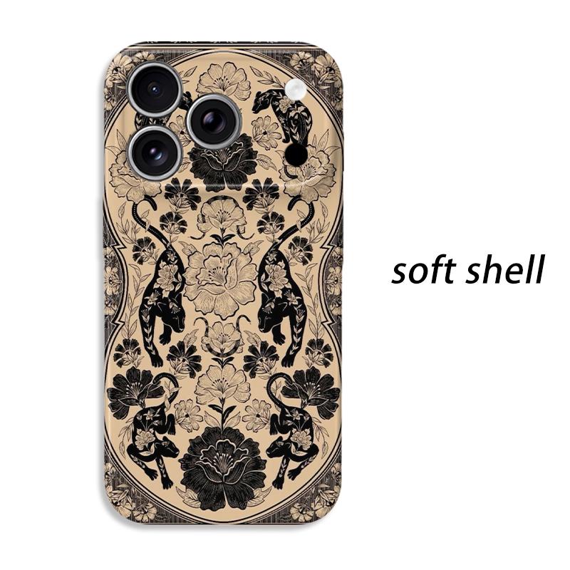 Exotic Tribal Black Deco Beige Symmetrical Floral Panther Feline Art Print Pattern Film Aesthetic Protective Phone Case For iPhone 14 15 16 ProMaxPlus IPHONE17PROMAX