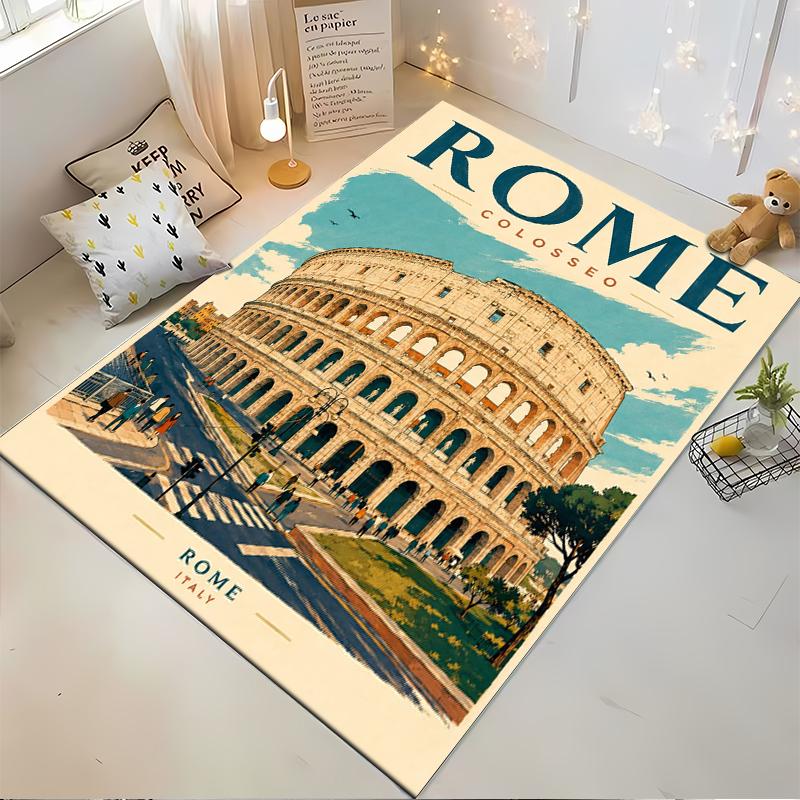 Rome Colosseum Vintage Illustration Rug - Non-slip rug suitable for living room and bedroom sofas.