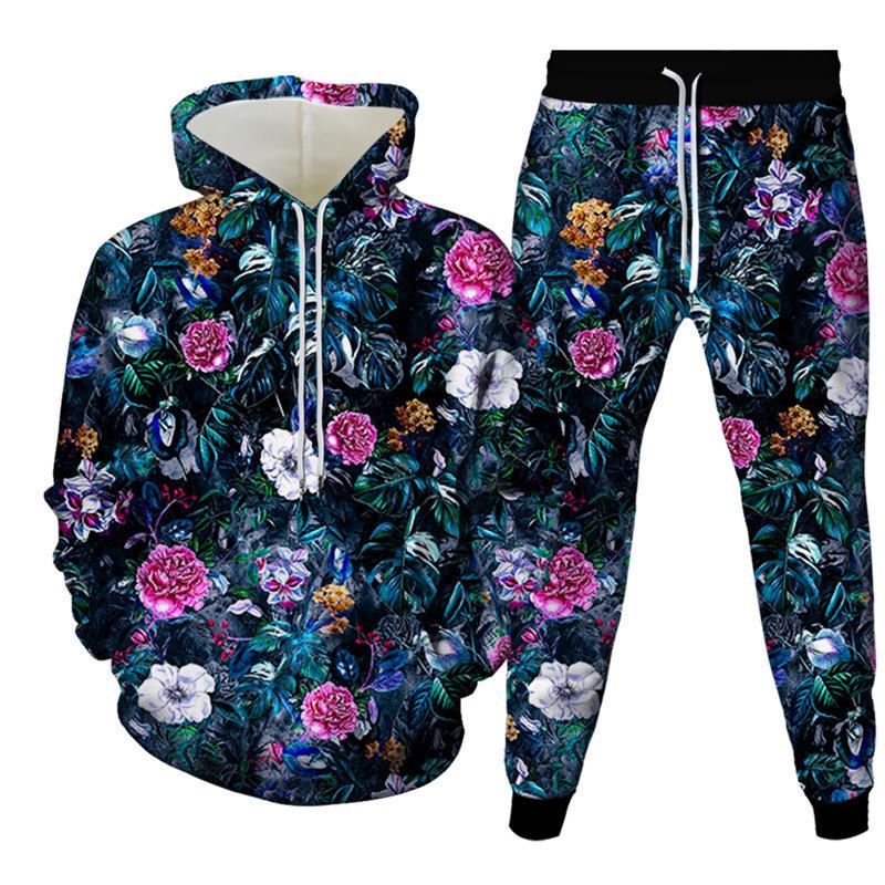 Fashion Floral Flower 3D Print Hoodies Pant Sets Men's Sweatshirts Sweatpants Streetwear Two Piece Suits Tracksuit Man Clothing