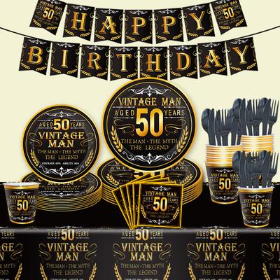 Vintage 50Th Party Tableware Disposable Paper Plates Paper Cups Tissue Tablecloths Anniversary Birthday Party Decorations