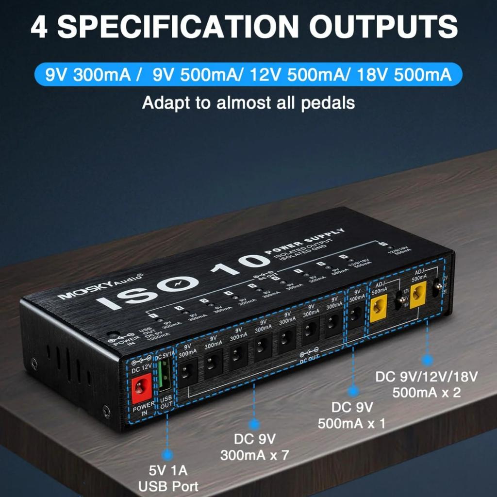 MOSKY ISO-10 Guitar Pedal Power Supply 10 Isolated Outputs 9V/12V/18V Adjustable Voltage for Effect Pedalboard Noise Reduction