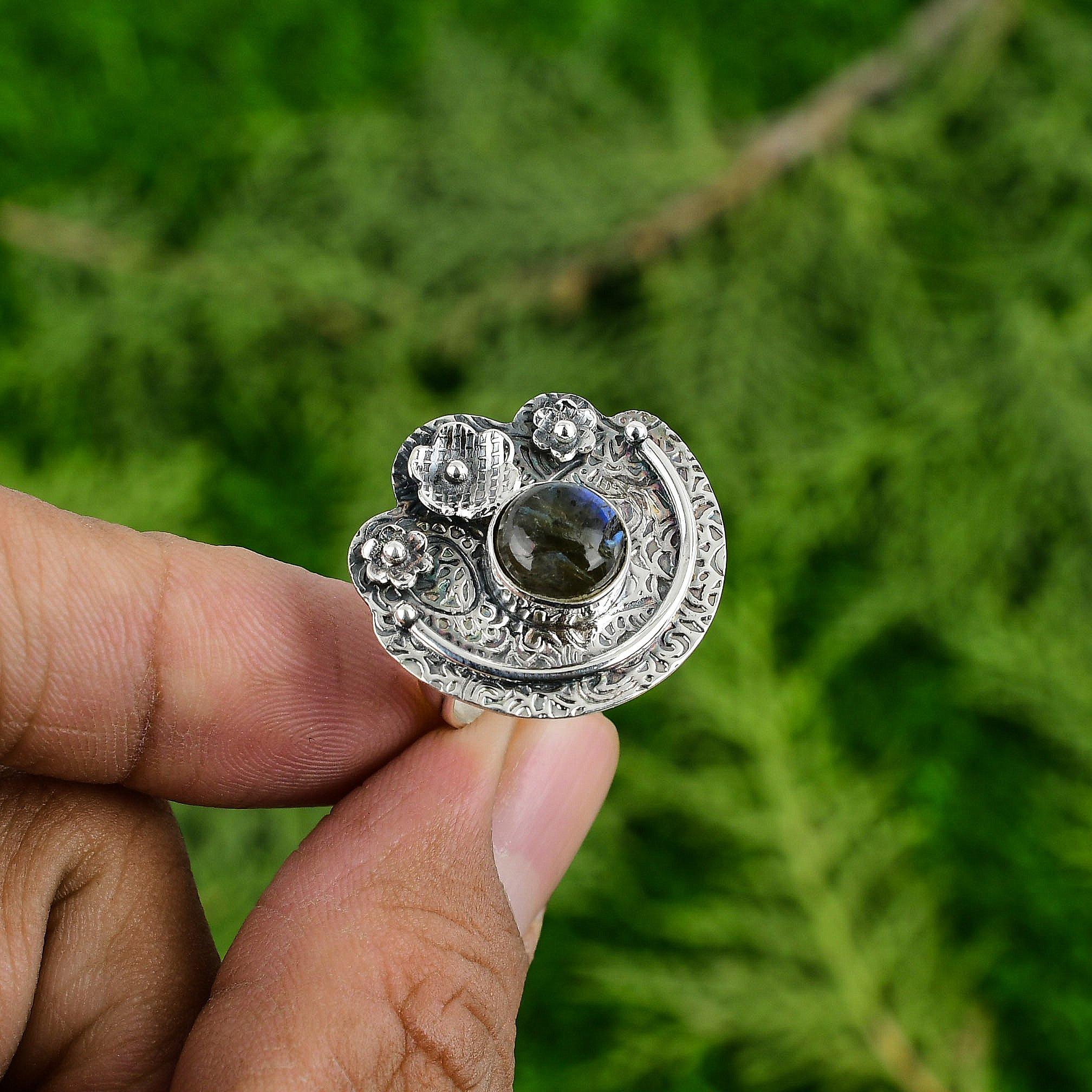 

Natural Labradorite 925 Silver Stackable Flower Adjustable Ring For Women Adjustable