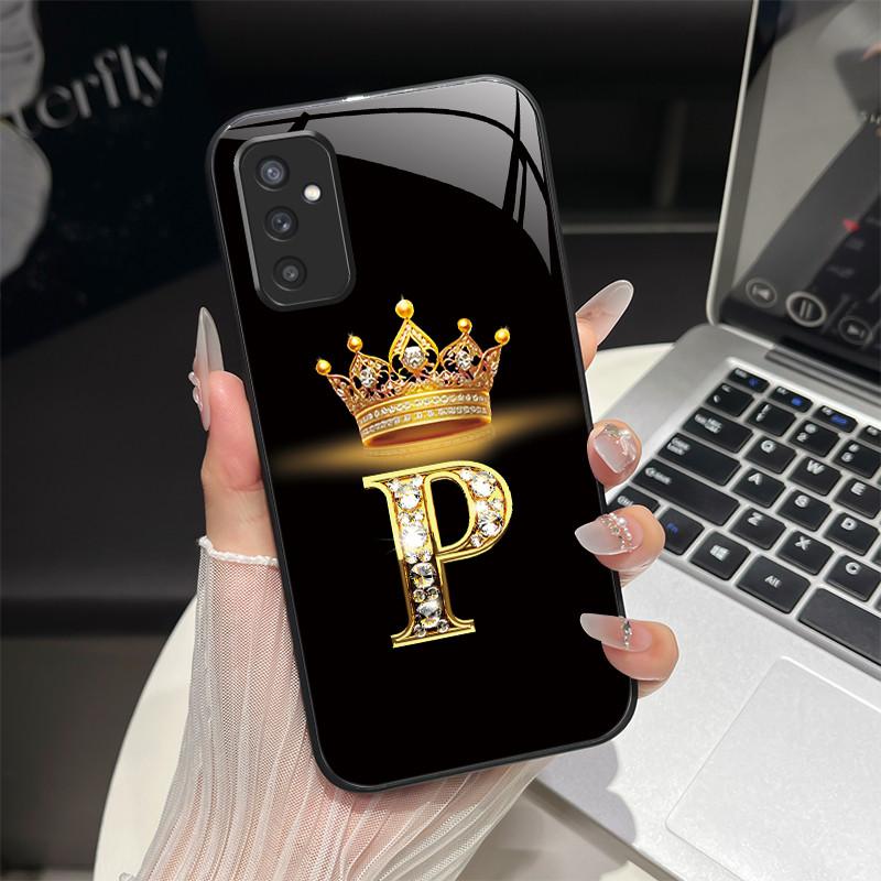 For Samsung M52 5G Case Galaxy M14 SM-M526B SM-M146B Phone Case ShockProof Fashion Initial Letter Hard Tempered Glass Back Cover