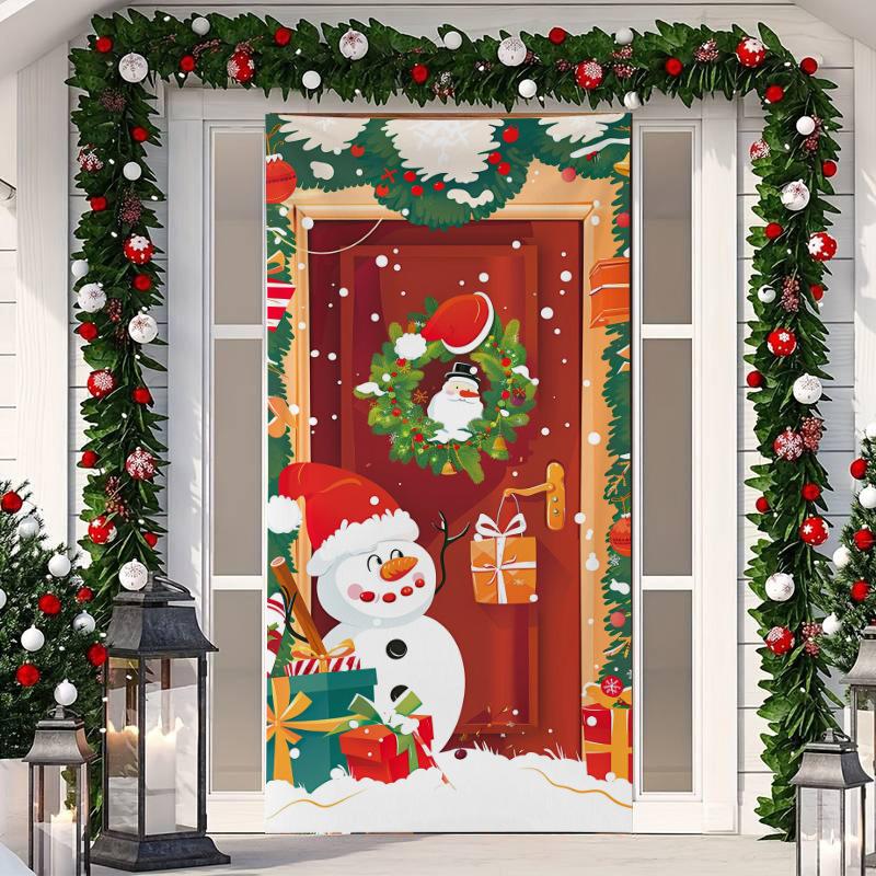 1 Buc Banner Husă Ușă Crăciun Fericit Poliester Om de Zăpadă Model Brad de Crăciun Alb pentru Ajun Anul Nou Petrecere de Sărbători Ușă Față Decor Acasă Perete