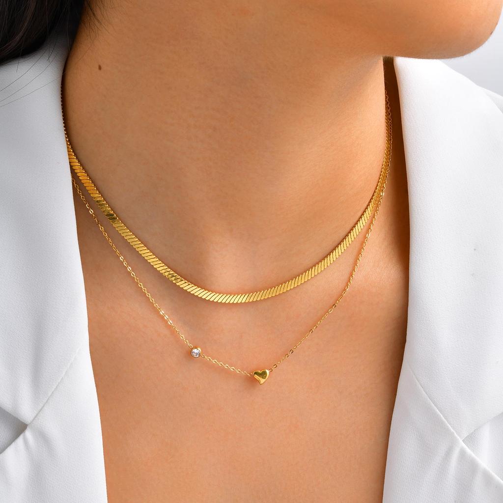 Stainless Steel Double-layer Blade Chain Necklace for Women,Gold Plated Colourful Bead Heart Pendant Necklaces,Set Jewelry Gift