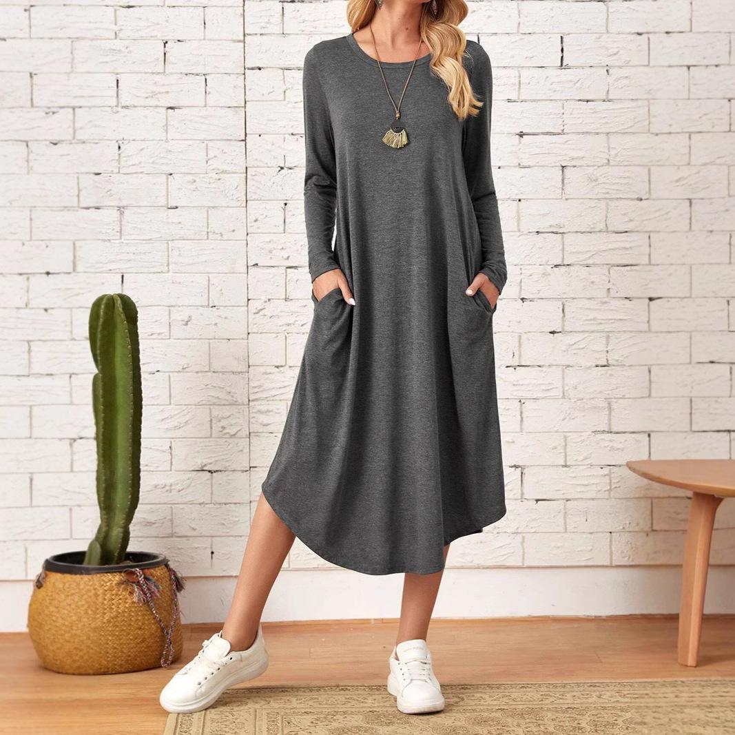 

Европейское и американское женское платье средней длины с косыми карманами и изогнутым подолом, коллекция 2024 XXL темно-серого