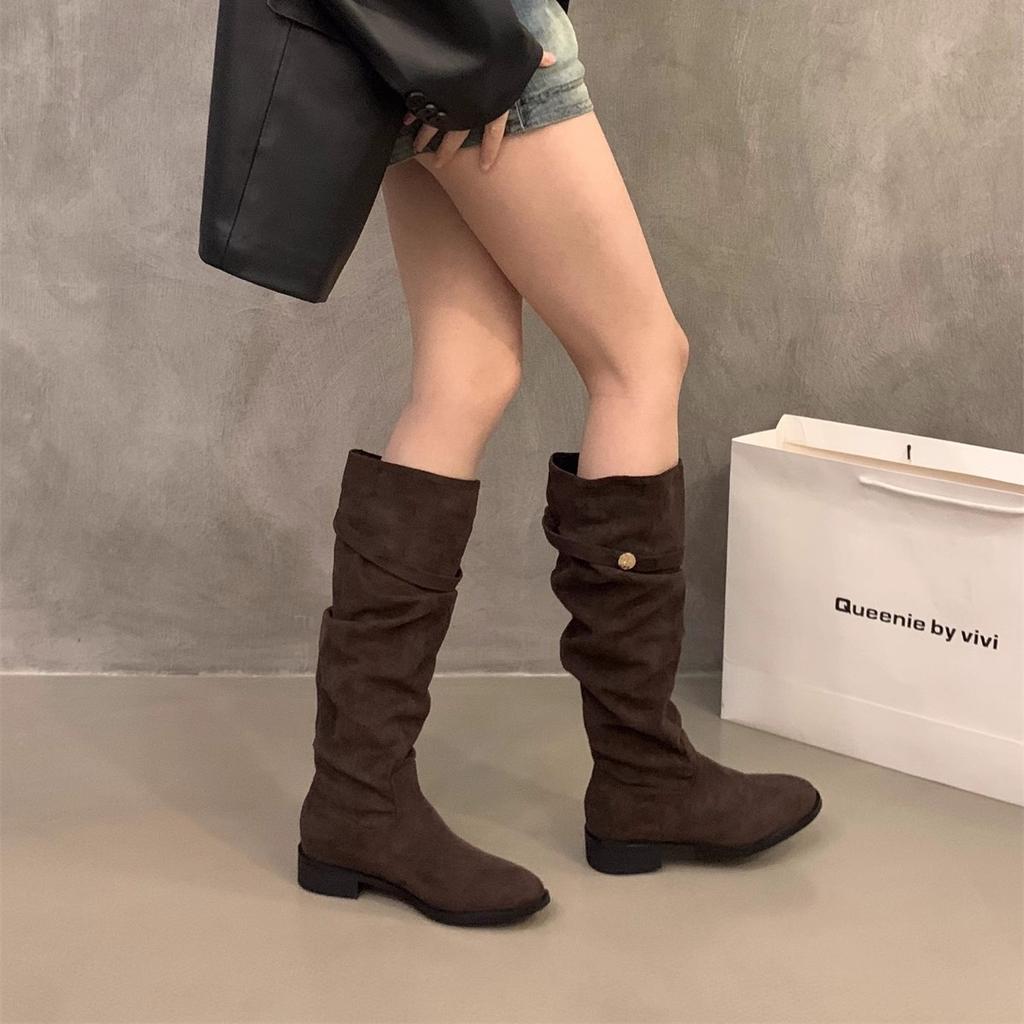 French Thick Heel Popular Suede Piled Boots Women's Shoes 2025 New Spring and Autumn Winter Versatile Thin Long Boots