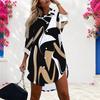Damen Plus Size Bedrucktes Hemdblusenkleid mit Kragen, langen Ärmeln, Knopfleiste und geschwungenem Saum