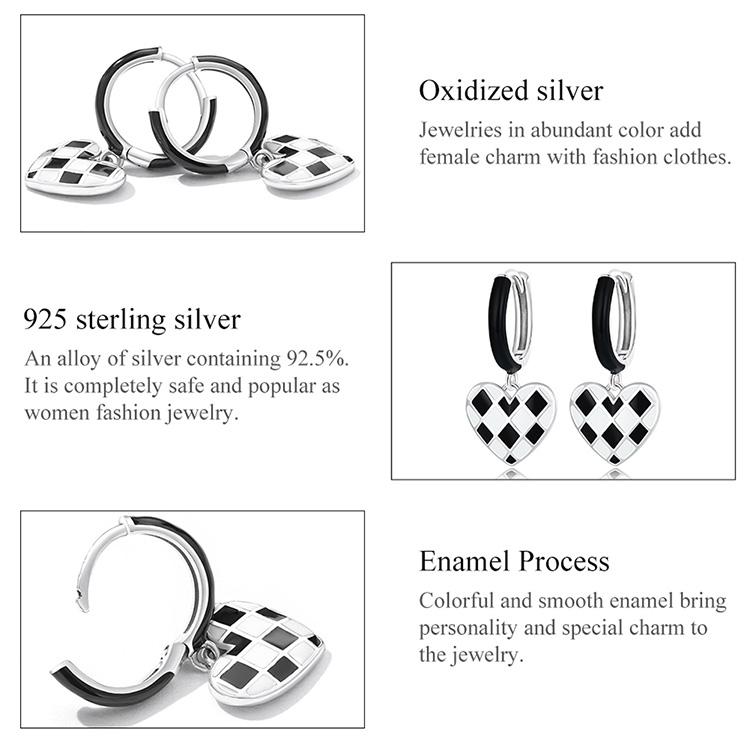 Cercei cu zăbrele rombice de dragoste din argint Sterling 925 BAMOER pentru femei Moda pandantiv inimă alb-negru pentru fete Cadou de nuntă