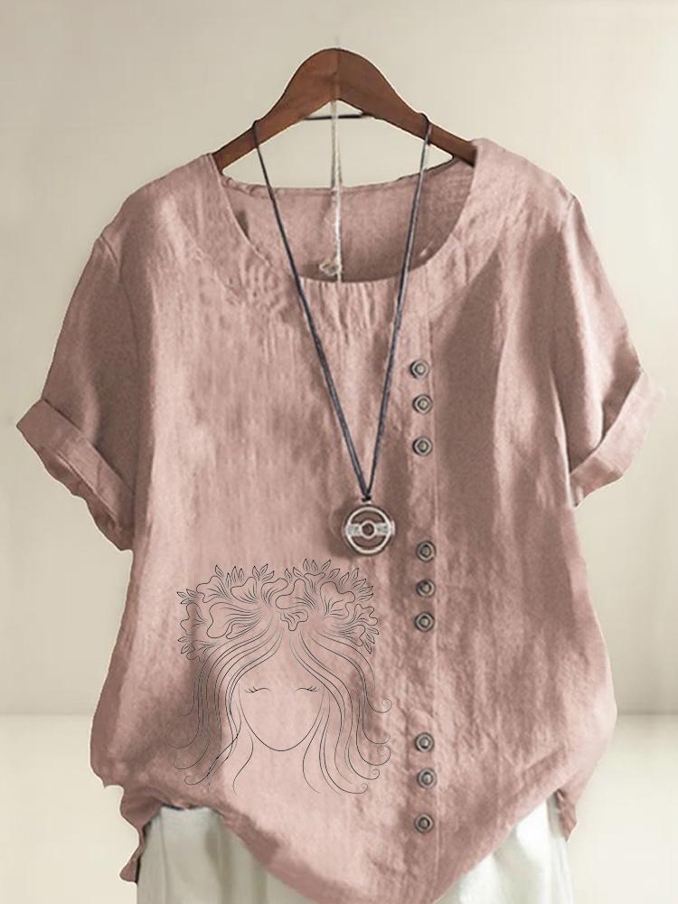 Women s Fashion Black Line Lady Print Casual Cotton Linen Short Sleeve Round Neck T-shirt Shirt Leisure Loose Summer Blouse Tops S розовый