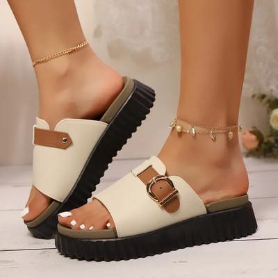 Pantoufles d'été pour femmes 2025 Couleur mélangée Bout rond Sandales à plateforme Extérieur Décontracté avec boucle Plat avec Chaussures quotidiennes pour dames