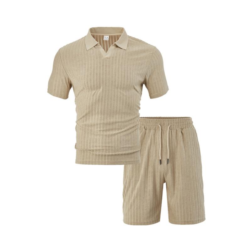 Mens Casual Solid Ribbed Short Sleeve Polo Shirt And Shorts Set