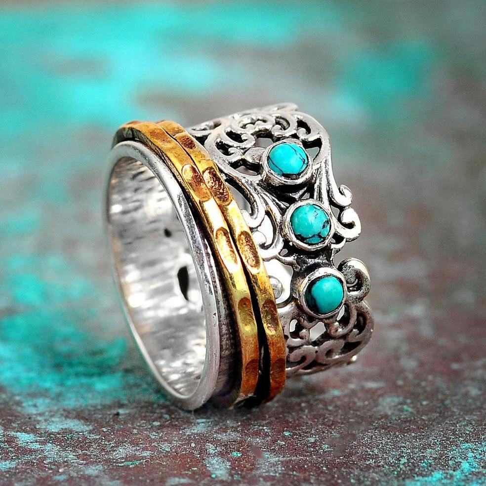 Hot-selling New Model, Bohemian Relief Two-color Ring, Hollow Retro Pattern Ring for Women