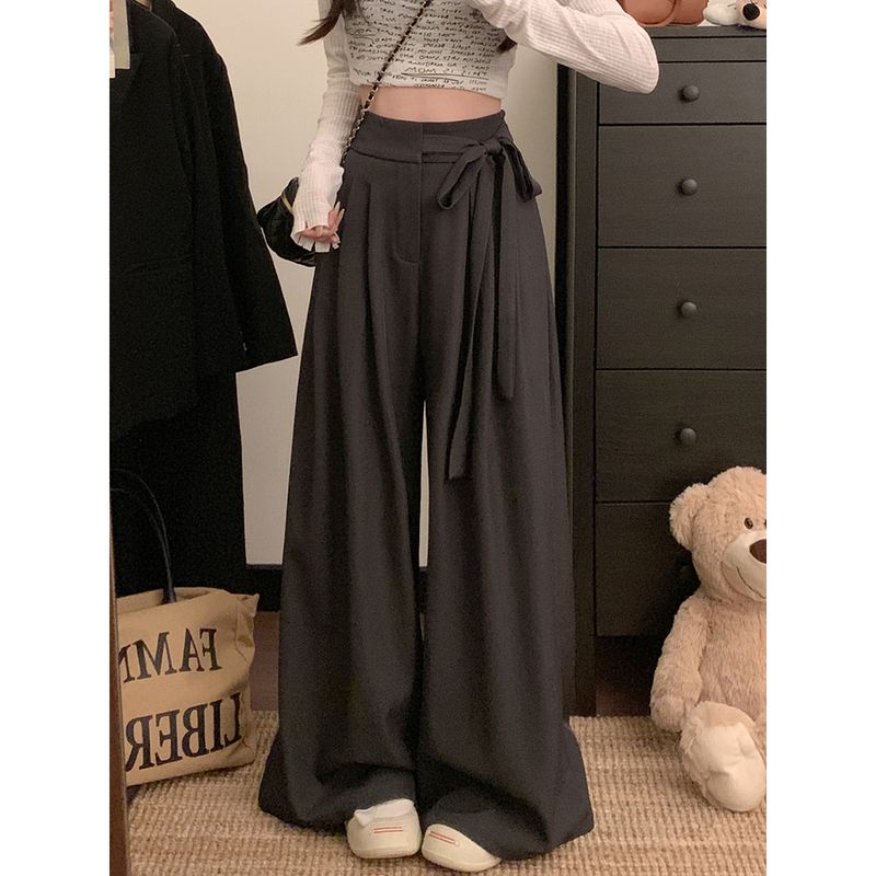Kumikumi Stylish Blue High Waist with Straps Casual Pants Women Fall Easiest for Match Loose Drooping Wide-Leg Pants Pants