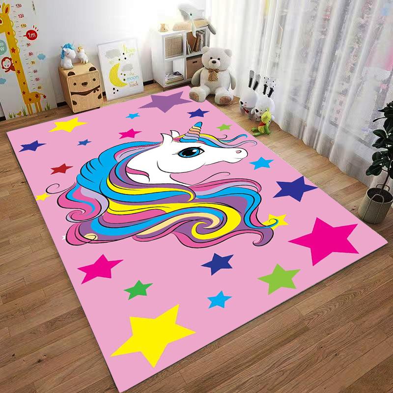 Unicorn Printed Carpet with Colorful Stars on Pink Background Decor Suitable for use as an anti-slip for living room bedroom sofas