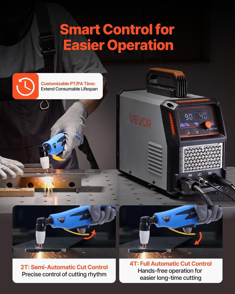 Plasma Cutter, 50A Plasma Cutting Machine, 220V Digital Display IGBT Inverter Cutter Machine with 2T/4T Function & Adjustable PA/PT Time for Home