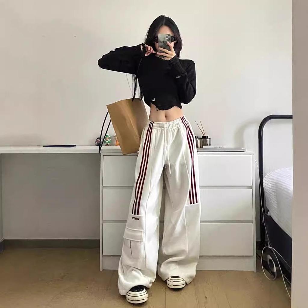 Women's Retro High-Waist Cargo Sweatpants - Three-Stripe, Wide-Leg, Casual Sportswear for Spring & Autumn
