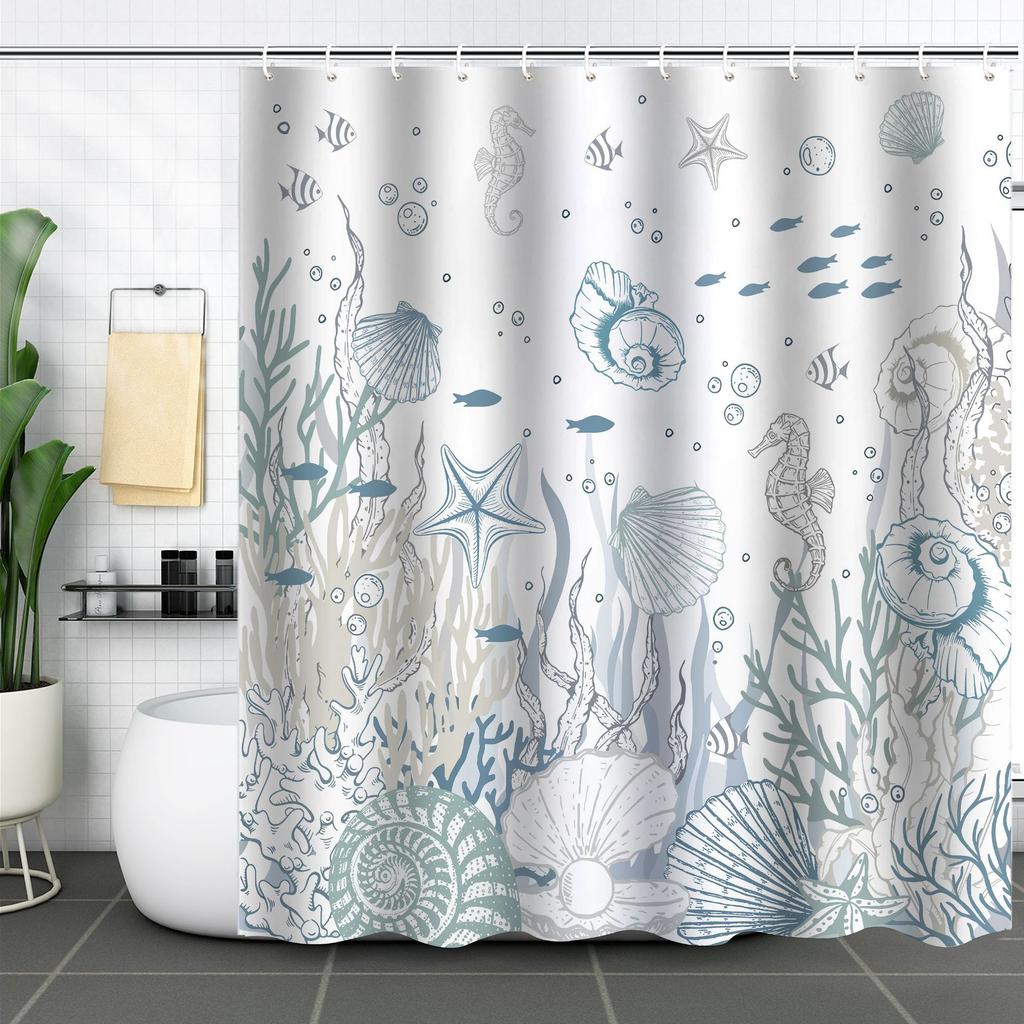 Shower Curtain Waterproof And Mildew-Proof Digital Printing Starfish Shell Shower Curtain Bathroom Partition Curtain Free Punching